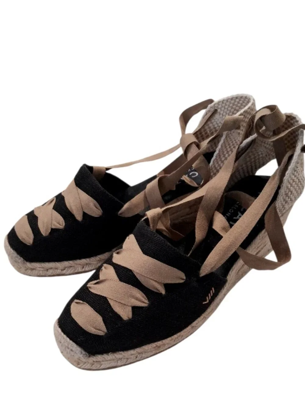 VISCATA Black/Cream Laces Espadrille Canvas Wedges w/Ankle Laces Sz 41/10 1/2